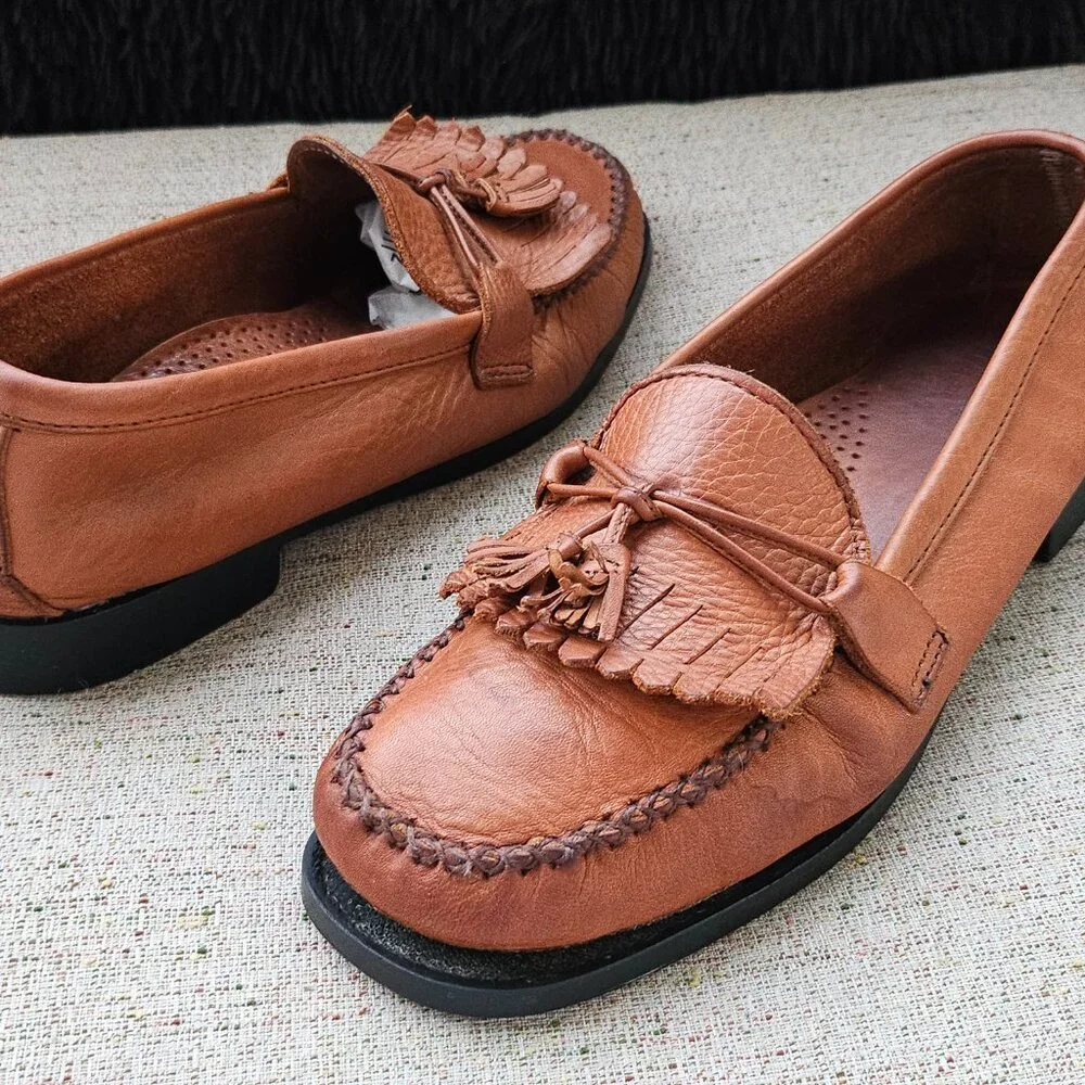 Dexter Comfort Women Loafer Brown Leather Tassel Fringe Block Heel Slip On Shoes - Picture 2 of 6